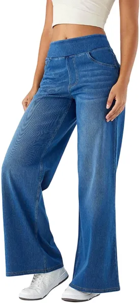 Womens Wide Leg Jeans Stretch Mid Rise Elastic Waist Jeans Baggy Loose Denim Pants Oversized Trendy Casual Trousers