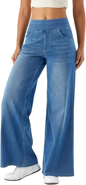 Womens Wide Leg Jeans Stretch Mid Rise Elastic Waist Jeans Baggy Loose Denim Pants Oversized Trendy Casual Trousers