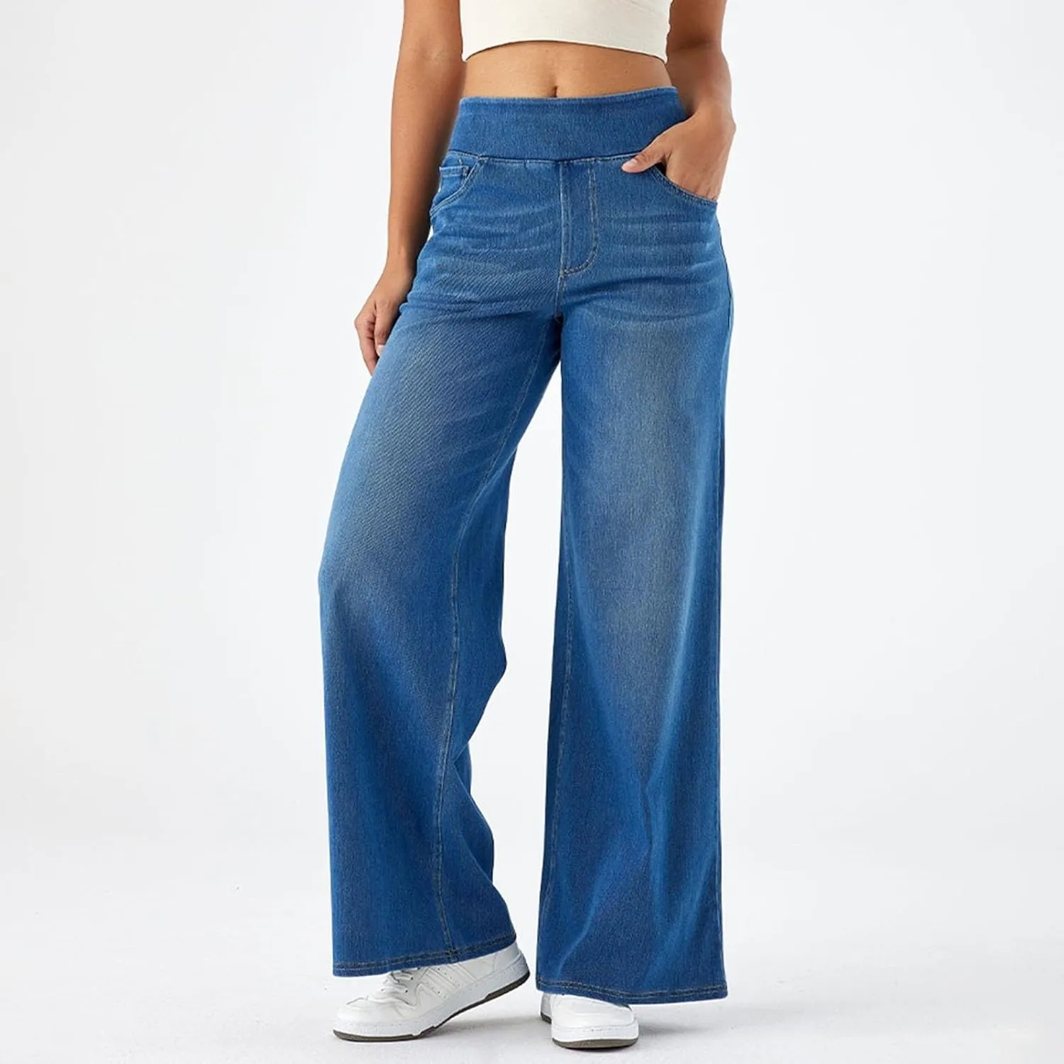 Womens Wide Leg Jeans Stretch Mid Rise Elastic Waist Jeans Baggy Loose Denim Pants Oversized Trendy Casual Trousers
