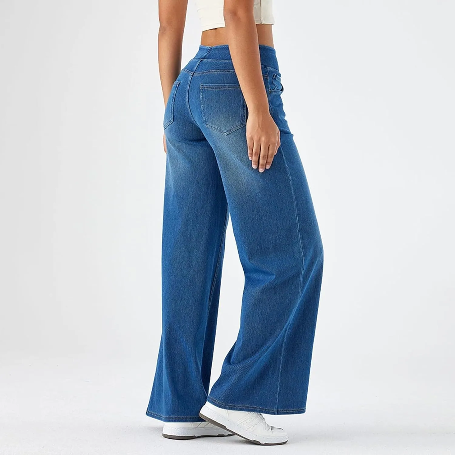 Womens Wide Leg Jeans Stretch Mid Rise Elastic Waist Jeans Baggy Loose Denim Pants Oversized Trendy Casual Trousers