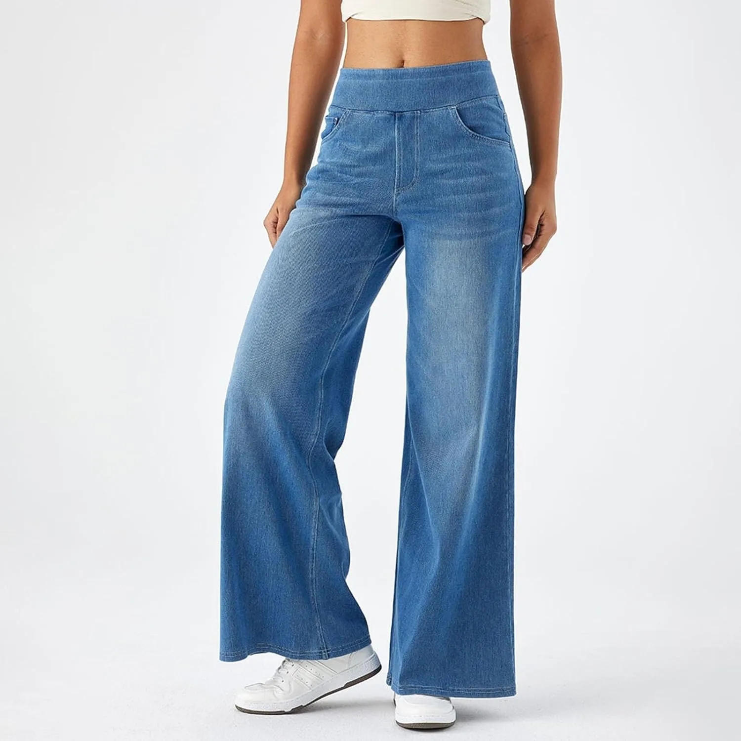 Womens Wide Leg Jeans Stretch Mid Rise Elastic Waist Jeans Baggy Loose Denim Pants Oversized Trendy Casual Trousers