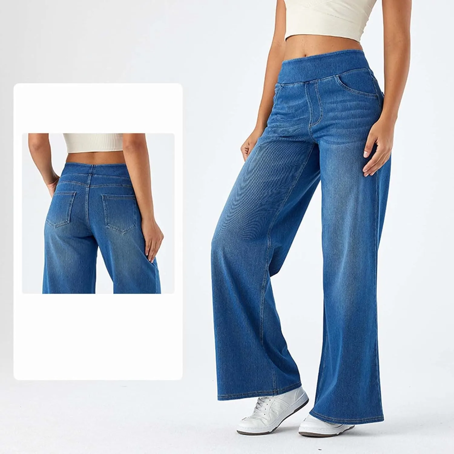 Womens Wide Leg Jeans Stretch Mid Rise Elastic Waist Jeans Baggy Loose Denim Pants Oversized Trendy Casual Trousers