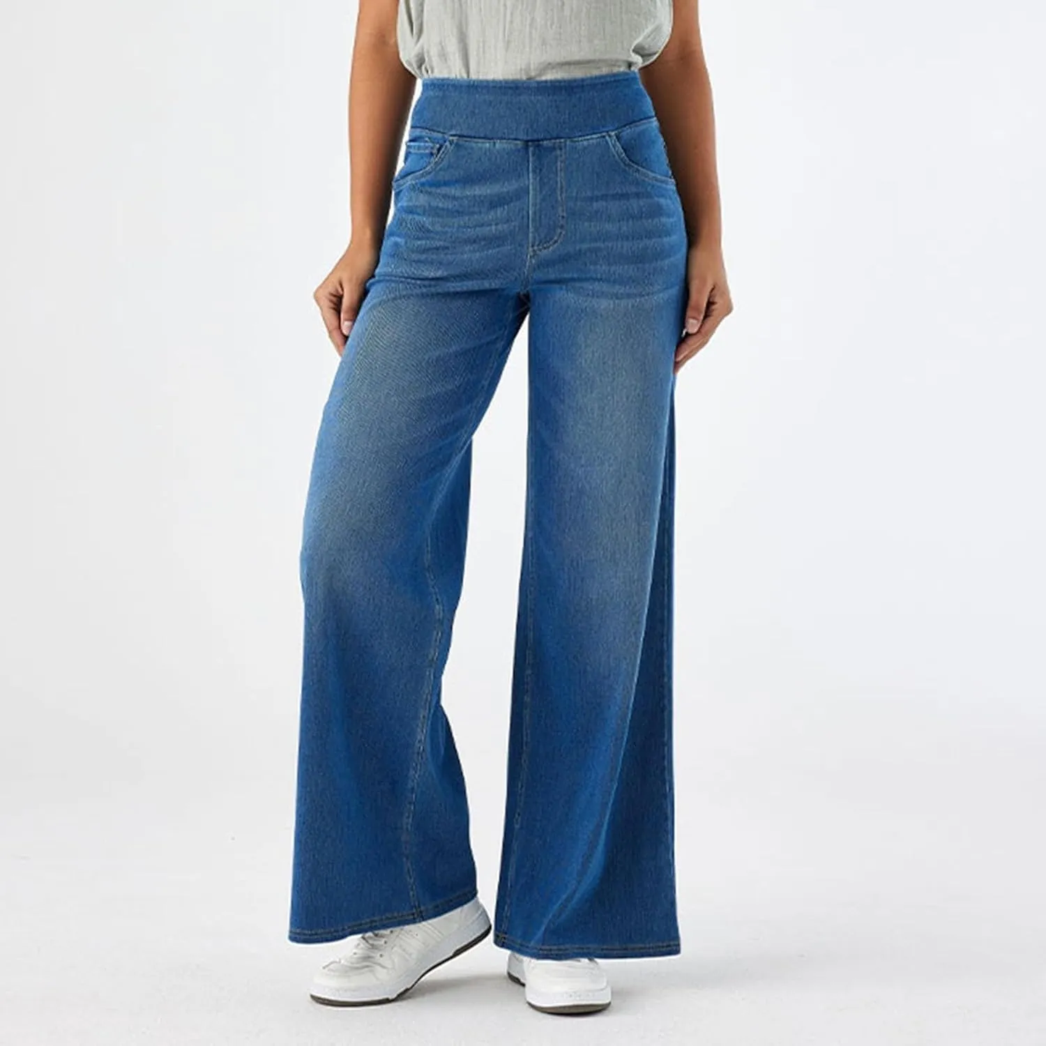 Womens Wide Leg Jeans Stretch Mid Rise Elastic Waist Jeans Baggy Loose Denim Pants Oversized Trendy Casual Trousers