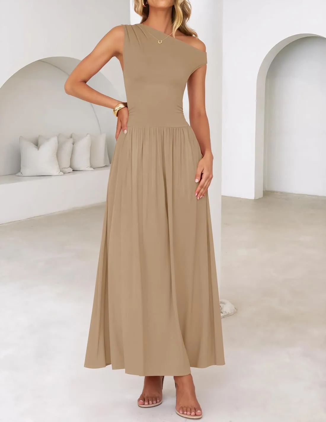 ZESICA Women's Summer 2025 Sleeveless Maxi Dress One Shoulder Casual Slim Swing Pleated Formal Dresses with Pockets