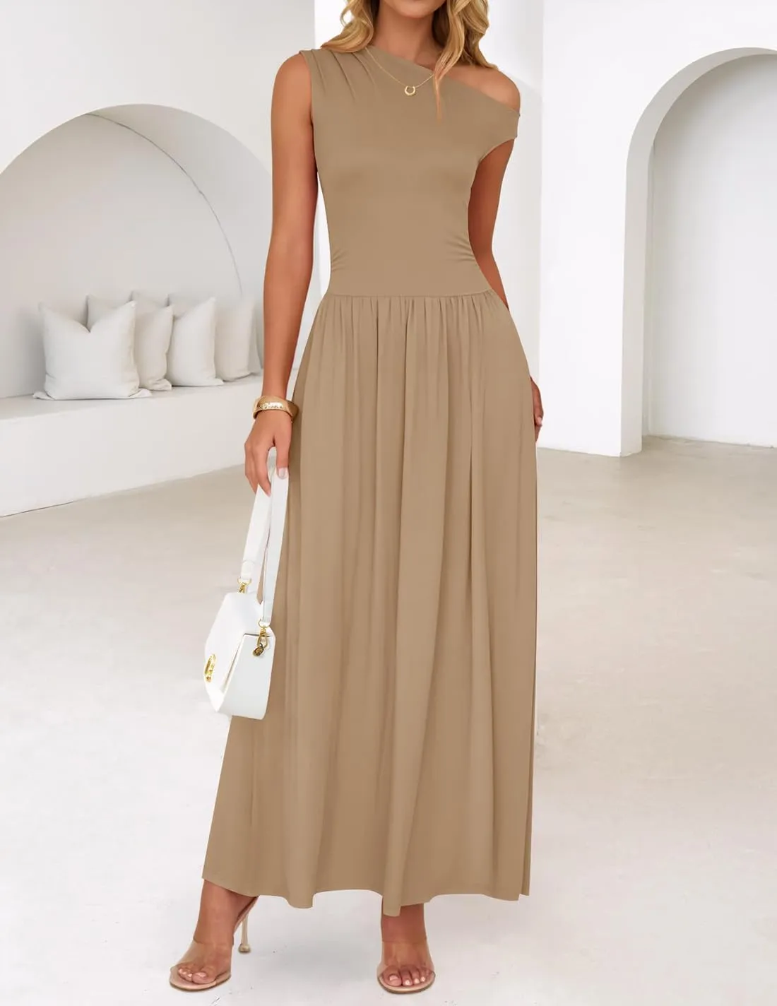 ZESICA Women's Summer 2025 Sleeveless Maxi Dress One Shoulder Casual Slim Swing Pleated Formal Dresses with Pockets