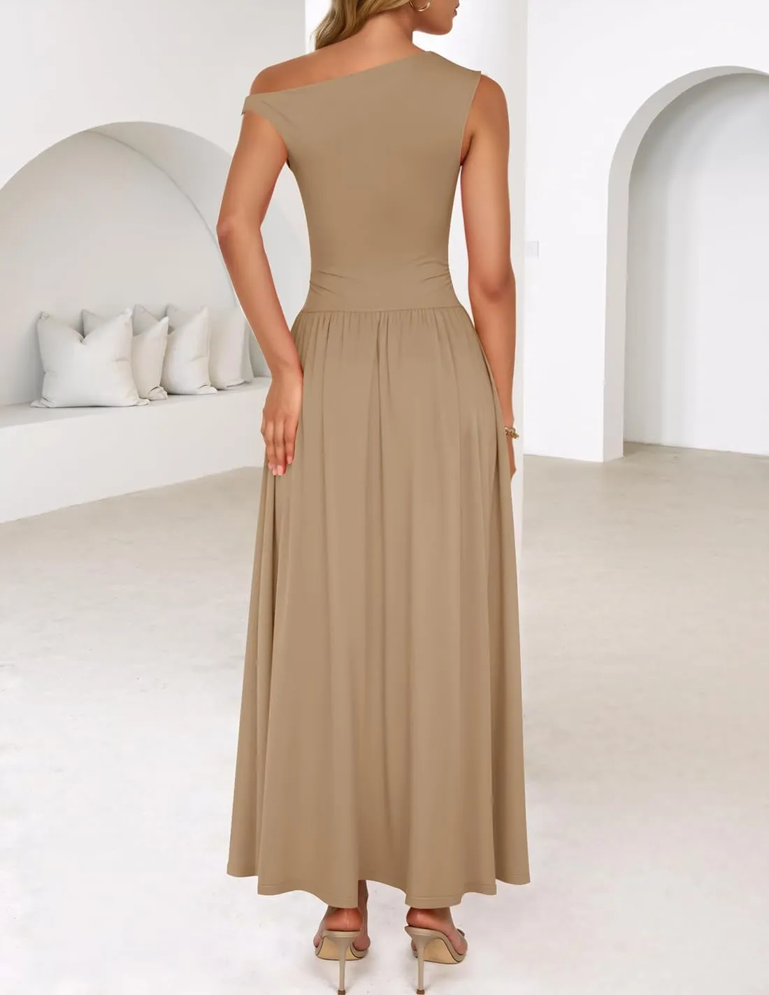 ZESICA Women's Summer 2025 Sleeveless Maxi Dress One Shoulder Casual Slim Swing Pleated Formal Dresses with Pockets
