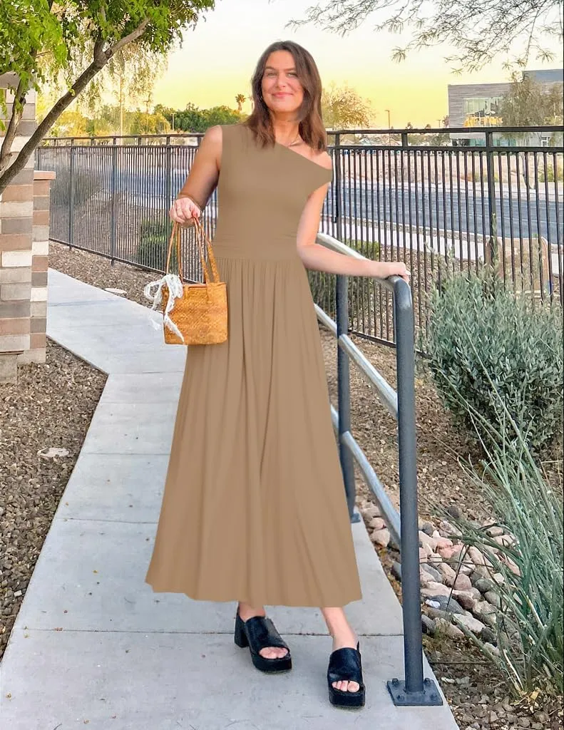 ZESICA Women's Summer 2025 Sleeveless Maxi Dress One Shoulder Casual Slim Swing Pleated Formal Dresses with Pockets