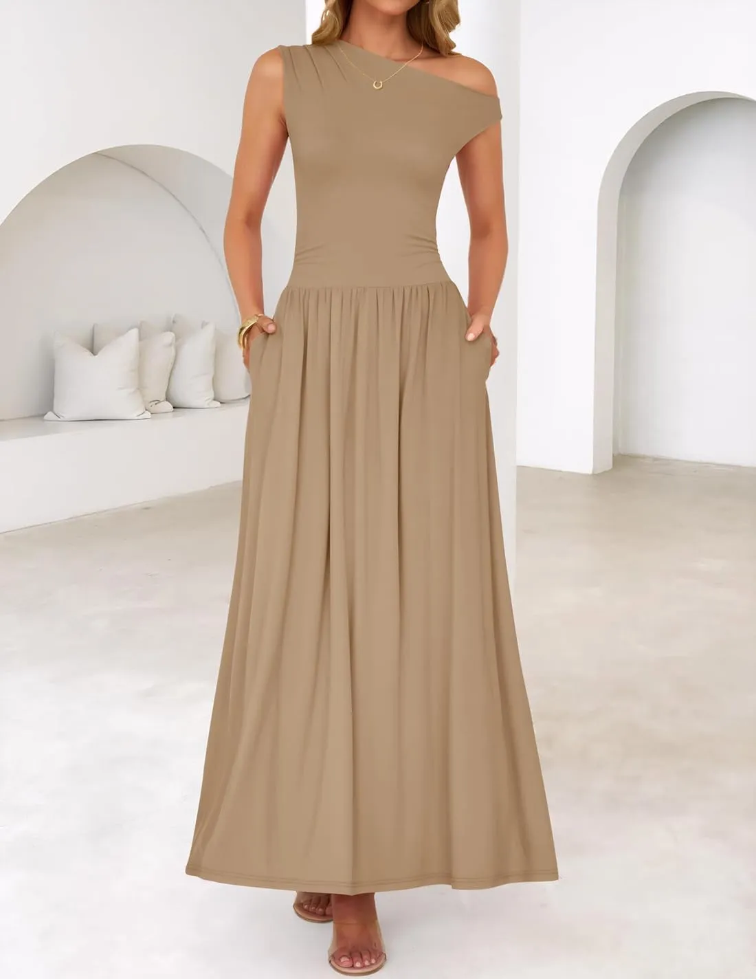 ZESICA Women's Summer 2025 Sleeveless Maxi Dress One Shoulder Casual Slim Swing Pleated Formal Dresses with Pockets