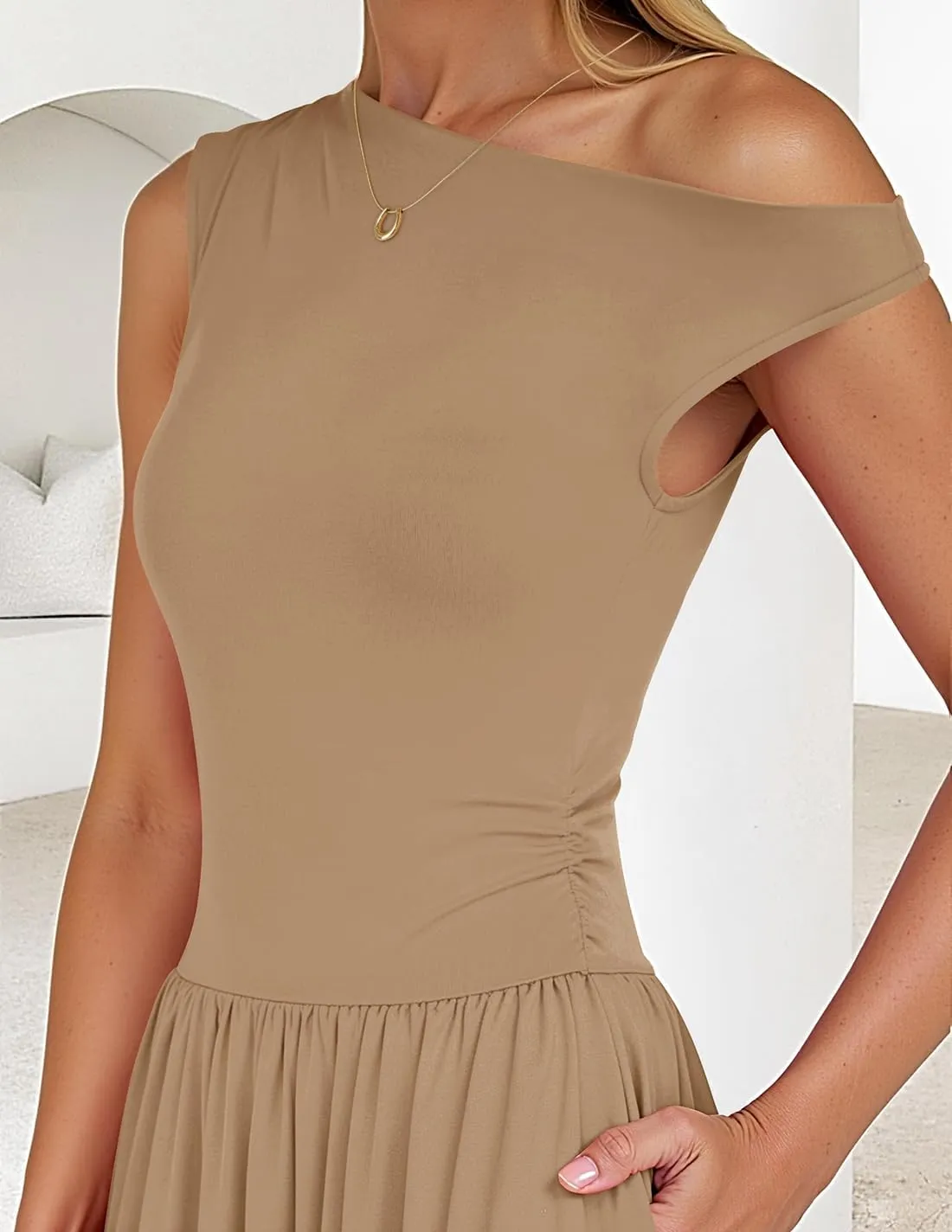ZESICA Women's Summer 2025 Sleeveless Maxi Dress One Shoulder Casual Slim Swing Pleated Formal Dresses with Pockets