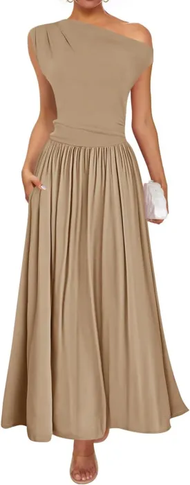 ZESICA Women's Summer 2025 Sleeveless Maxi Dress One Shoulder Casual Slim Swing Pleated Formal Dresses with Pockets