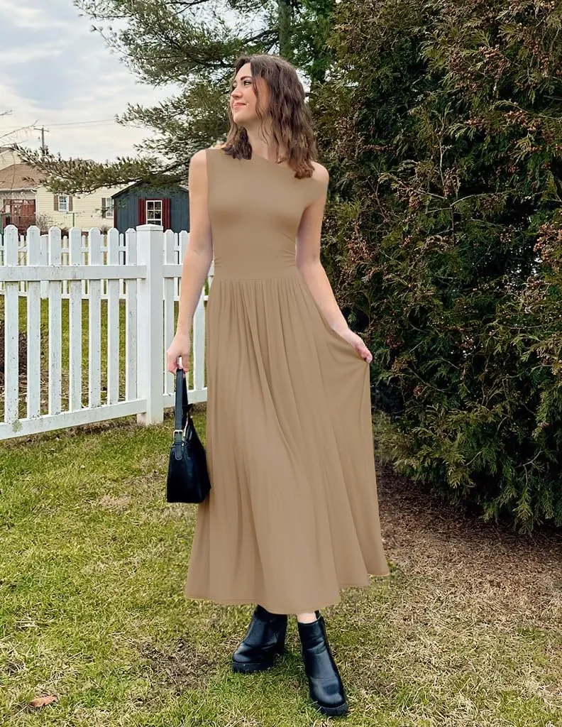 ZESICA Women's Summer 2025 Sleeveless Maxi Dress One Shoulder Casual Slim Swing Pleated Formal Dresses with Pockets